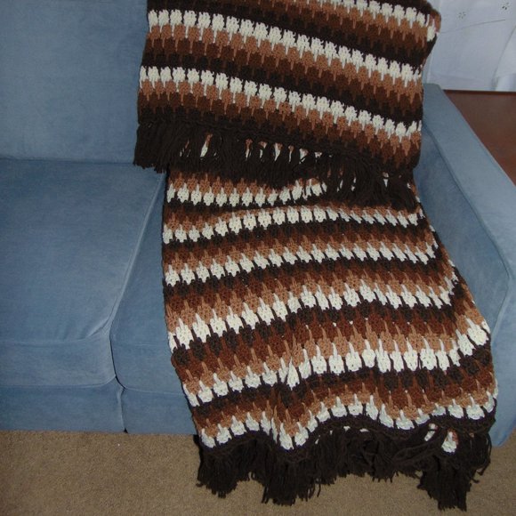 Vintage Afghan, Handmade, Shades of Brown, Beige and Ivory, 60 x76 - Picture 5 of 16